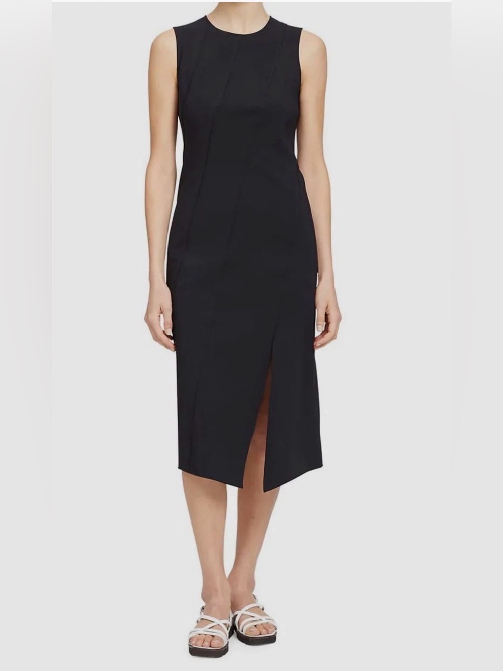 Theory Black Sleeveless Midi Sheath Dress with Front Slit